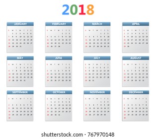 Simple Calendar template for 2018