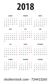 Simple Calendar template for 2018 on White Background. Week starts from Sunday.
