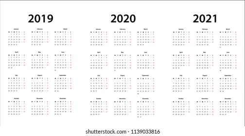 Simple Calendar template for 2019, 2020 and 2021