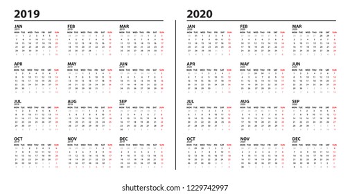 Simple calendar template for 2019 and 2020 years