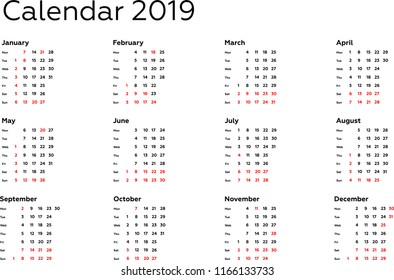 Simple Calendar template for 2019