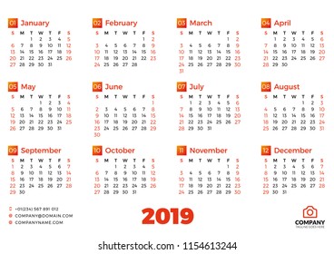 Simple calendar template for 2019 year. Week starts on Sunday. Vector illustration