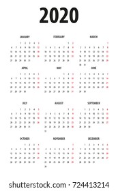 Simple Calendar template for 2020 on White Background. Week starts from Sunday.