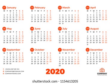 Simple calendar template for 2020 year. Week starts on Monday. Vector illustration
