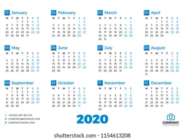 Simple calendar template for 2020 year. Week starts on Monday. Vector illustration