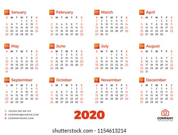 Simple calendar template for 2020 year. Week starts on Sunday. Vector illustration