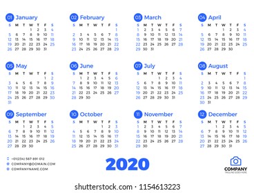 Simple calendar template for 2020 year. Week starts on Sunday. Vector illustration