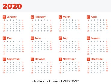 Simple calendar template for 2020 year. Week starts on Sunday. Vector illustration
