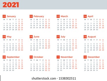 Simple calendar template for 2021 year. Week starts on Monday. Vector illustration