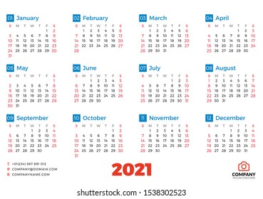 Simple calendar template for 2021 year. Week starts on Sunday. Vector illustration