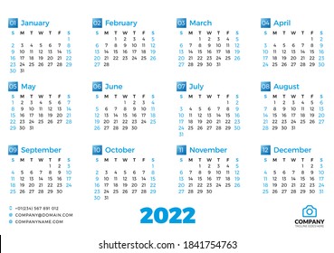 Simple calendar template for 2022 year. Week starts on Sunday. Vector illustration