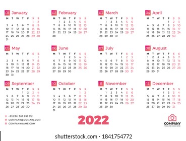 Simple calendar template for 2022 year. Week starts on Monday. Vector illustration