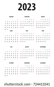 Simple Calendar template for 2023 on White Background. Week starts from Sunday.