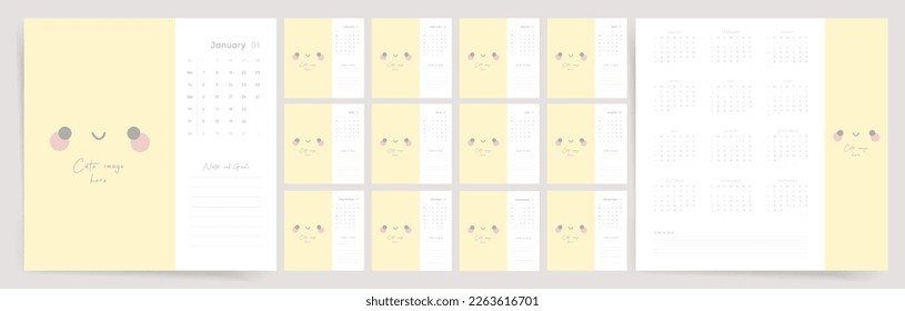 Simple calendar template for 2024 year. Week starts on Sunday. Square modern design with place for photo. Work or study calendar. 2024 calendar in minimal cute style for. English vector calendar.