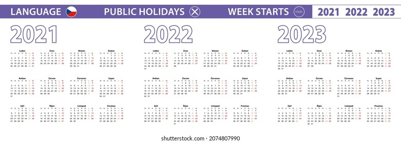 Einfache Kalendervorlage in Tschechisch für 2021, 2022, 2023 Jahre. Die Woche beginnt am Montag. Vektorgrafik.