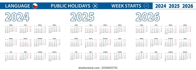 Simple calendar template in Czech for 2024, 2025, 2026 years. Week starts from Monday. Vector illustration.
