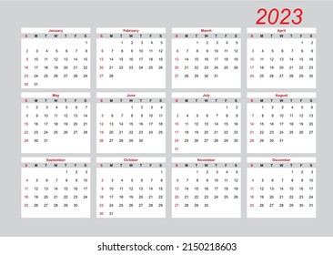 Simple calendar template design for 2023 in black and white and red and gray colors. Vector