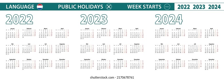 Plantilla de calendario simple en neerlandés para 2022, 2023, 2024 años. La semana comienza el lunes. Ilustración vectorial.