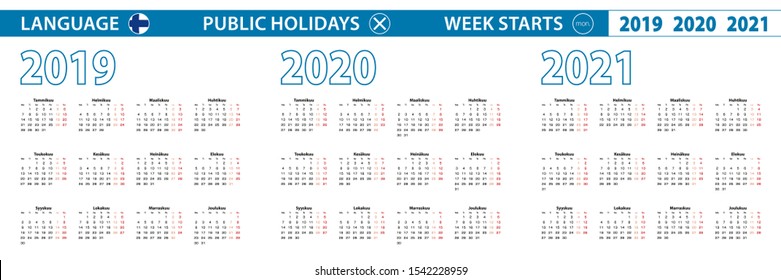 Simple calendar template in Finnish for 2019, 2020, 2021 years. Week starts from Monday. Vector illustration.