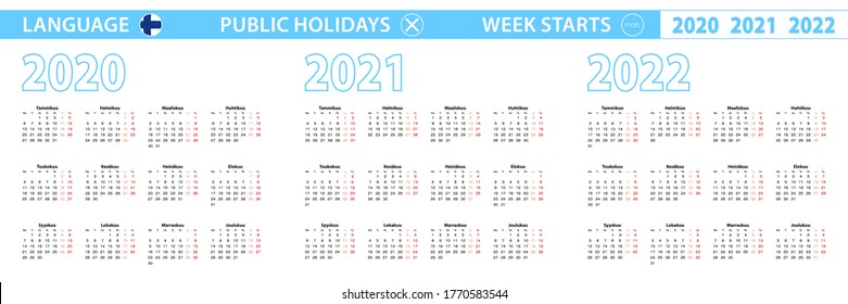 Simple calendar template in Finnish for 2020, 2021, 2022 years. Week starts from Monday. Vector illustration.