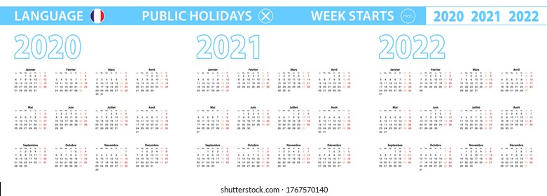 Simple calendar template in French for 2020, 2021, 2022 years. Week starts from Monday. Vector illustration.