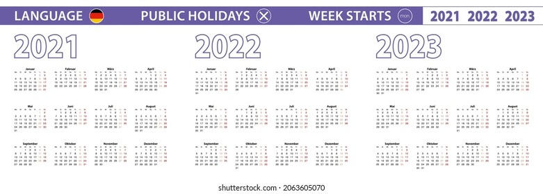 Plantilla de calendario simple en alemán para 2021, 2022, 2023 años. La semana comienza el lunes. Ilustración vectorial.