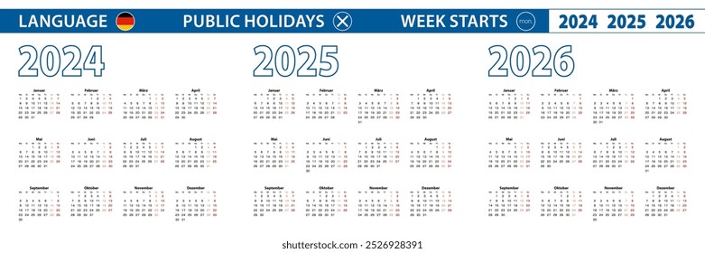 Einfache Kalendervorlage in Deutsch für 2024, 2025, 2026 Jahre. Die Woche beginnt am Montag. Vektorgrafik.