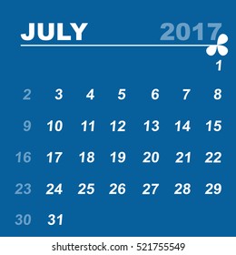 Simple calendar template of july 2017, stock vector