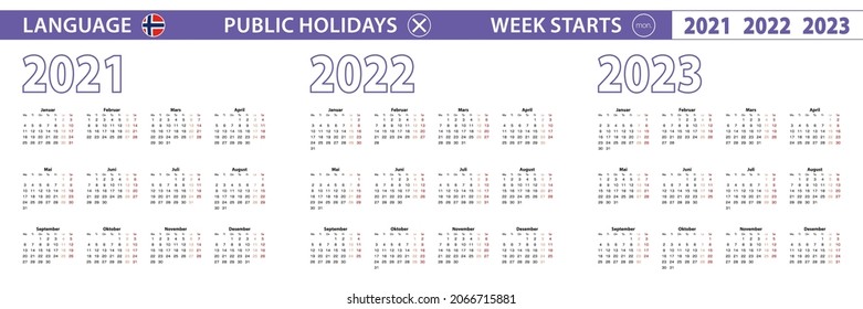 Simple calendar template in Norwegian for 2021, 2022, 2023 years. Week starts from Monday. Vector illustration.