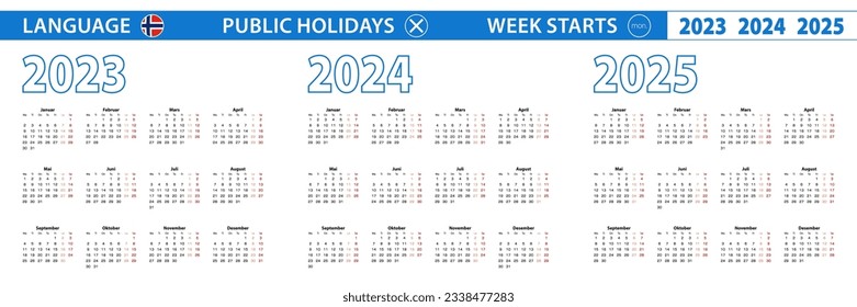 Plantilla de calendario simple en noruego para 2023, 2024, 2025 años. La semana comienza el lunes. Ilustración vectorial.