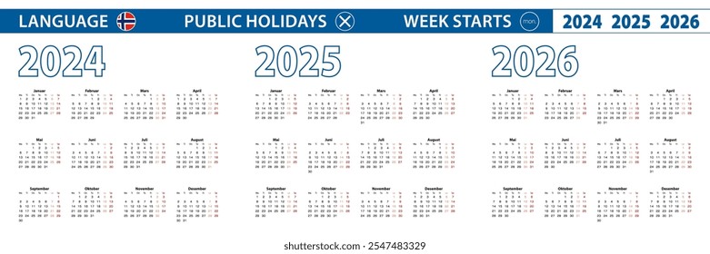 Plantilla de calendario simple en noruego para 2024, 2025, 2026 años. La semana comienza el lunes. Ilustración vectorial.