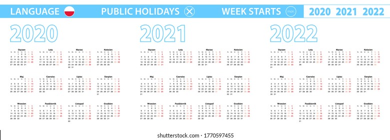 Simple calendar template in Polish for 2020, 2021, 2022 years. Week starts from Monday. Vector illustration.