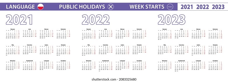 Simple calendar template in Polish for 2021, 2022, 2023 years. Week starts from Monday. Vector illustration.