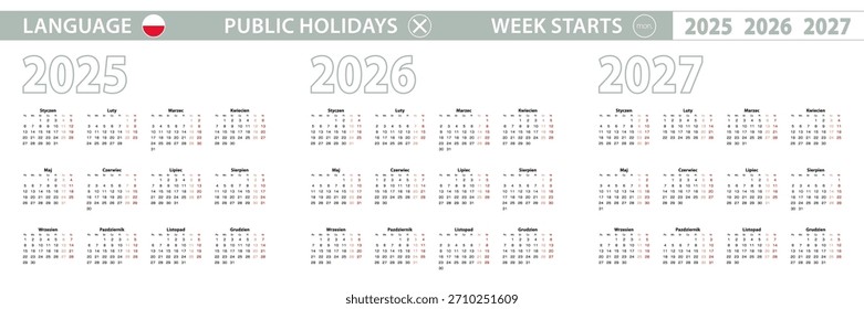 Plantilla de calendario simple en polaco para los años 2025, 2026 y 2027. La semana comienza el lunes. Ilustración vectorial.