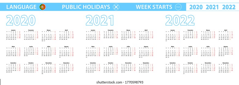 Plantilla de calendario simple en portugués para 2020, 2021, 2022 años. La semana comienza el lunes. Ilustración vectorial.