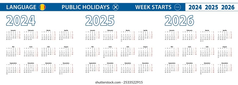 Modelo de calendário simples em romeno para 2024, 2025, 2026 anos. A semana começa na segunda. Ilustração vetorial.