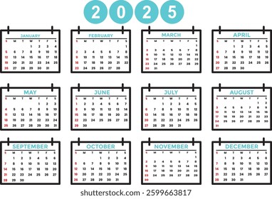 Simple calendar template set 2025 years. Simple editable vertical vector calender  collection.