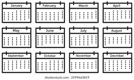 Simple calendar template set 2025 years. Simple editable vertical vector calender  collection.