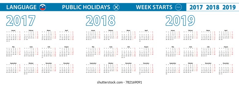 Simple calendar template in Slovenian for 2017, 2018, 2019 years. Week starts from Monday.