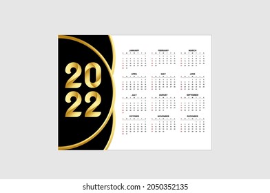 Simple calendar template style luxury for 2022 year. minimal calendar with black and gold color, week stars sunday