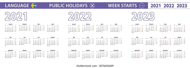 Simple calendar template in Swedish for 2021, 2022, 2023 years. Week starts from Monday. Vector illustration.