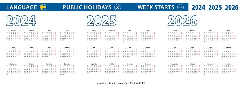 Modelo de calendário simples em sueco para 2024, 2025, 2026 anos. A semana começa na segunda. Ilustração vetorial.