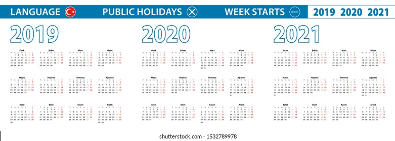 Simple calendar template in Turkish for 2019, 2020, 2021 years. Week starts from Monday. Vector illustration.