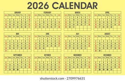 Einfache Kalendervorlage, Vektorgrafik für das Jahr 2026