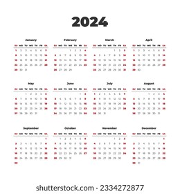 Simple calendar template for the year 2024. Weeks start on Sunday
