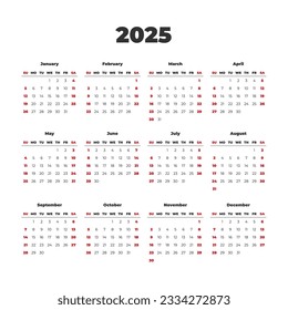 Simple calendar template for the year 2025. Weeks start on Sunday