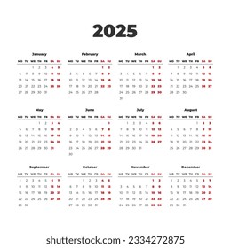 Simple calendar template for the year 2025. Weeks start on Monday