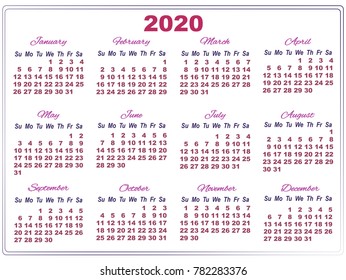 Simple Calendar temple for 2020 with big purple numers