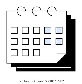 A simple calendar with three rings and highlighted dates. Ideal for time management, scheduling, planning, organization, and reminders. Clean design style.