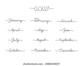 A simple calendar typography for 2025 featuring the year and all 12 months names written in elegant cursive handwriting. Made in vector for calendar or business planner projects